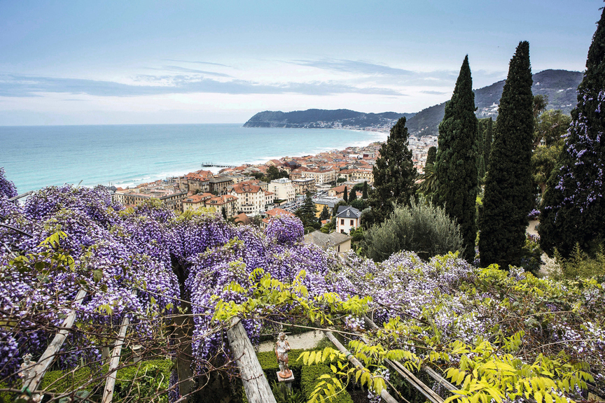 Vista paroramia dal giardino di villa della pergola con glicini in fiore 