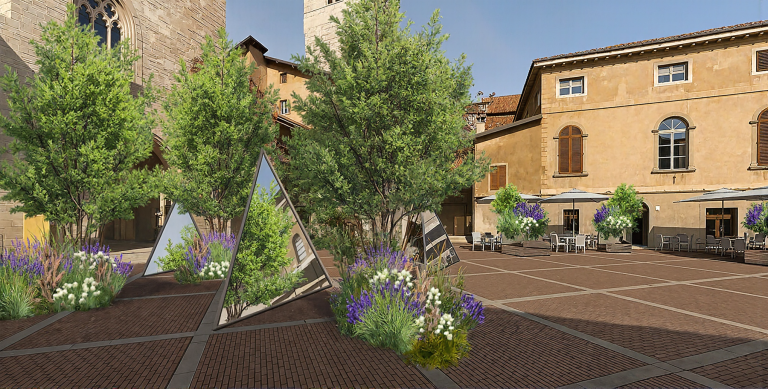 render Piazza Vecchia a Bergamo con installazioni specchiate del Landscape Festival
